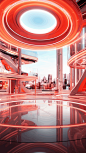Bright red-orange color.Circle shaped merchandise displays, theRaceway highway, big sale atmosphere, the Bright colors, soft.nexushub, futuristic, modeling lights, ray tracing.Best picture quality, 8K resolution, ultra-realistic, detailed description.--ar