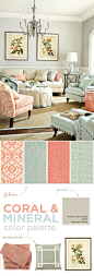 Living room color palette of coral and mineral...love this wall color ("Going to the Chapel" by Benjamin Moore): 