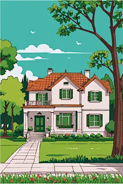 卡通手绘别墅插画