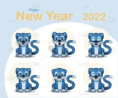 可爱向量蓝老虎快乐春节贺卡2022动物节日卡通人物不同的情绪