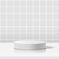 最小的场景与几何形式。 圆柱白色讲台在白色矩形瓷砖墙的背景。 - product background 幅插画档、美工图案、卡通及图标