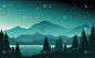 河流,山,绘画插图,山谷,湖,风景,夜晚,卡通,杉树,矢量