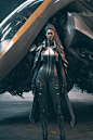 full body photo, female posing next to futuristic fighter, cinematic still, DSLR