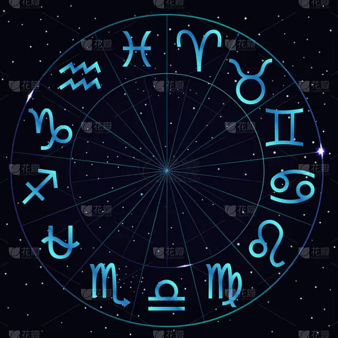黄道带着恒星在宇宙背景上的黄道带圈的矢量图解。 占星术星座。 黄道带十三星座的黄道带圈.-花瓣网