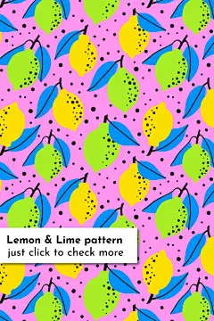 这可能包含：粉色、黄色和蓝色背景上的柠檬和酸橙的彩色图案