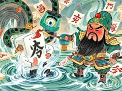 中国经典_三国演义动画剧本《荆江疯云》荒诞喜剧动画全流程设计_分镜06→07：白衣化纸 → 水淹麻将转场设计：纸人贪吃蛇咬住自己尾巴，旋转成水涡泵造型视觉彩蛋：蛇眼是美团外卖箱上的标志动作设计：关羽踩