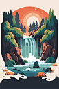 瀑布森林风景自然景观插画矢量图设计素材