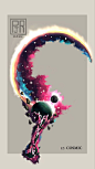 This may contain: an artistic poster with the letter q in it's center and planets around it