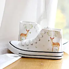 YOVCA小清新文艺麋鹿手绘鞋帆布鞋女鞋童鞋平底学生休闲鞋小白鞋