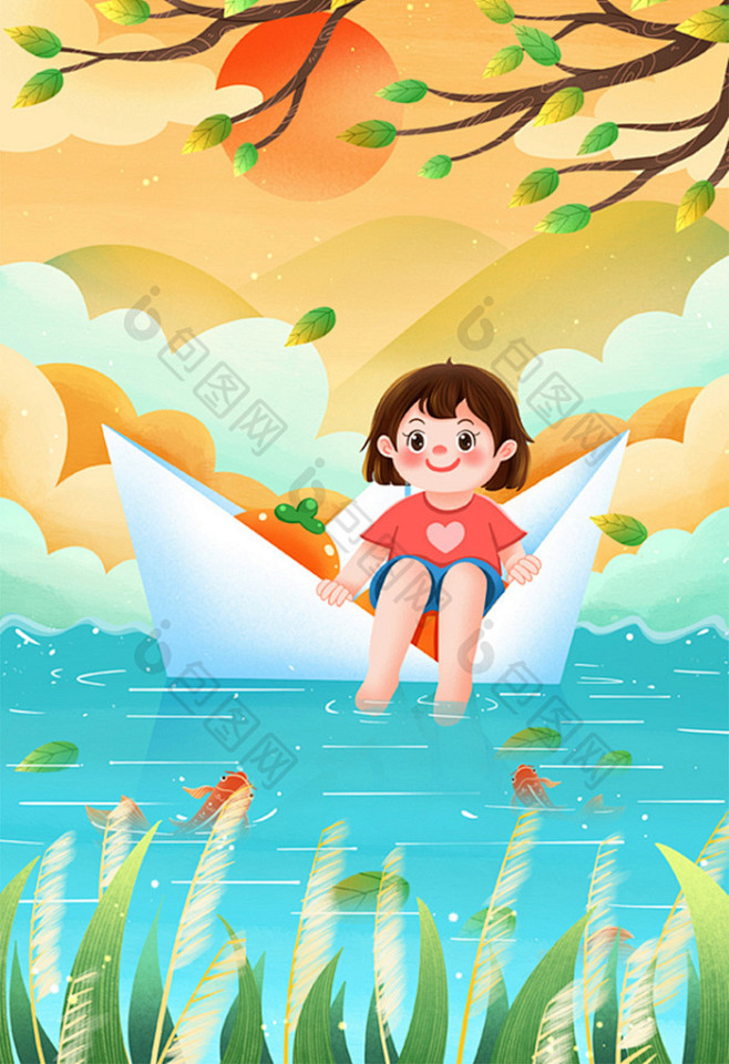 立秋划纸船的女孩插画图片模版