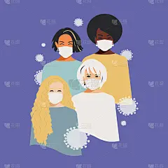 不同国籍和宗教的戴医用口罩的妇女。女性的团结。人们微笑是因为他们活着，健康，没有被感染。向量。