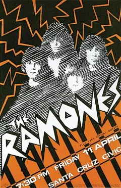 雷蒙斯乐队The Ramones，1980年。当雷蒙斯乐队被视为纽约最伟大的朋克表演团体之一时，他们正前往旧金山、圣克鲁斯和加利福尼亚州的一些脆嫩的城市。这张海报为那几场演出中的圣克鲁斯场打广告，Grushkin先生补充道：“朋克与嬉皮士正面碰撞的地方。”