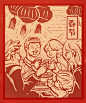#设计合作微信：13418141924 原创禁止商用
春节 版画 手绘 新春 团圆  过年 年夜饭 团会员饭 团聚 新年习俗 新年 木刻 木刻画 剪纸 节日 一家 家人 插画 手绘