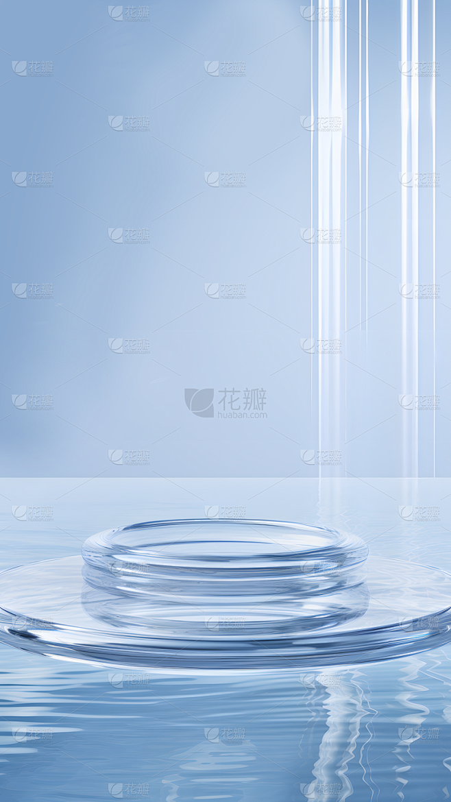 通用电商简约透明玻璃感蓝色水面展台场景背...