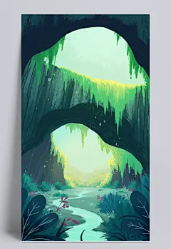 手绘绿色大山洞插画|绿色,山洞,插画,卡通/手绘,背景元素