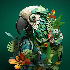 绿叶鹦鹉杂志封面，素描风格，纸雕