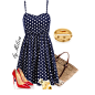 A fashion look from August 2015 featuring blue dress, red patent leather pumps and straw beach bag. Browse and shop related looks.