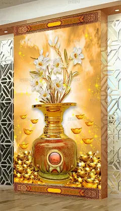 高清金色富贵花开中式古典花瓶玄关背景墙