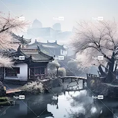 江南水乡，阳光明媚，小桥流水大雾柳树，梅花鸟海报
