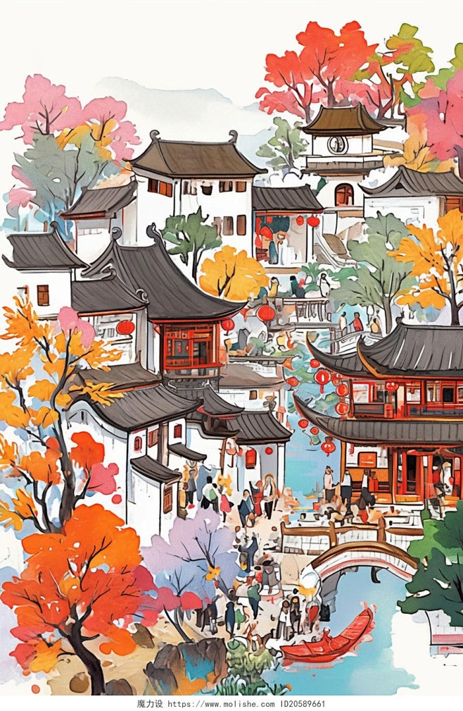 卡通手绘中国江南小镇节日风景AI插画国庆...
