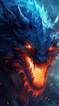 a dragon with flames on it's face, in the style of dark azure and orange, epic fantasy scenes, dmitri danish, close-up intensity, furry art, luminous shadowing, dan mumford