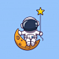 宇航员坐在月亮图标说明。 太空人吉祥物卡通人物。 孤立的科学图标概念