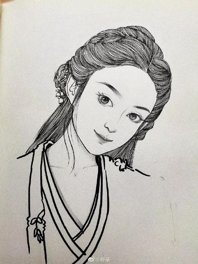 画古装人物女线条古风画传统人物头发古装美人绘画古装美女素描简单