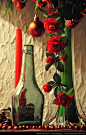 Red  Green Bottle and Roses