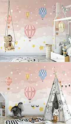 北欧ins手绘热气球粉色儿童房室内背景墙