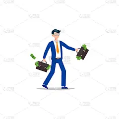 卡通人物插图的成功的年轻商人公文包装满了钱。平面设计孤立在白色上。