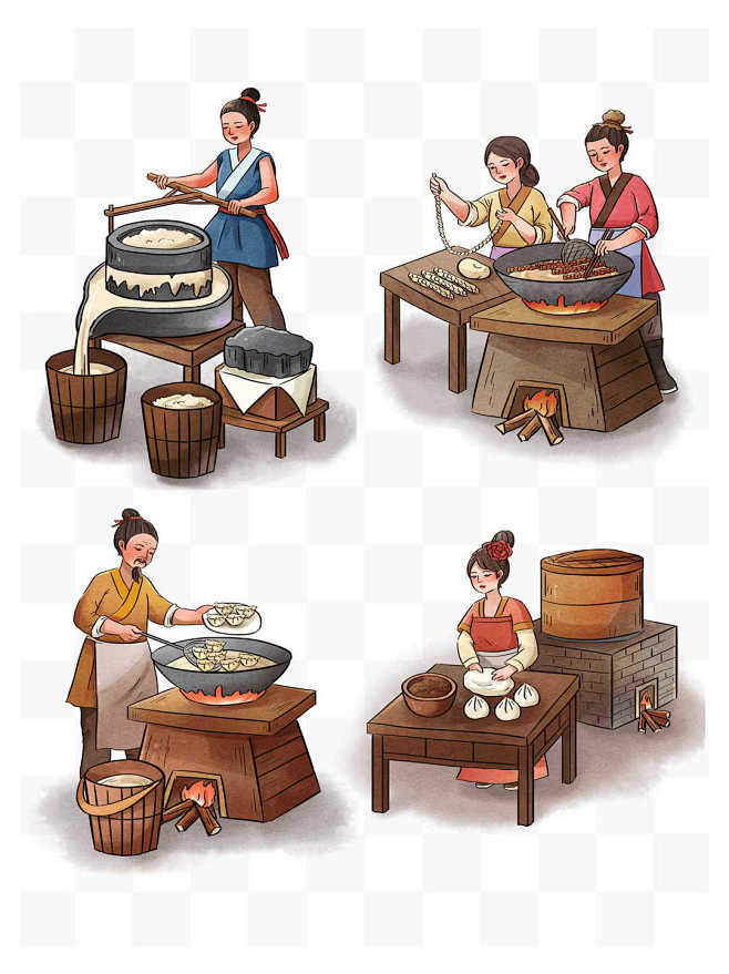 古代传统美食制作豆腐麻花饺子包子元素