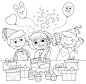 Birthday party: happy girl with cake and gifts. Black and white illustration.