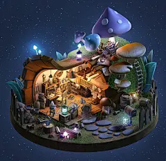 This may contain: an image of a mushroom house in the sky