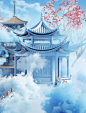 蓝色唯美中式烟雾建筑梦幻中国风亭台楼阁背景图片_潮国创意
