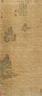 #国画#【 明 冷谦 《寿山福海图》 】立轴，绢本设色，161×71.4cm，旅顺博物馆藏。 画蓬莱、瀛洲、方丈三山，沧海洪波，三山飘渺。原题：“茫茫一瀛海，渺渺三神山。浴日鱼龙见，浮天星斗斑。洪涛晻霭外，苍翠有无间。何日金银阙，乘风采药还。瀫阳。”