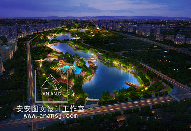 景观园林鸟瞰夜景效果图