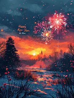 2024新年快乐，绚烂红色烟花矢量插画_3_AI Miss you_来自小红书网页版