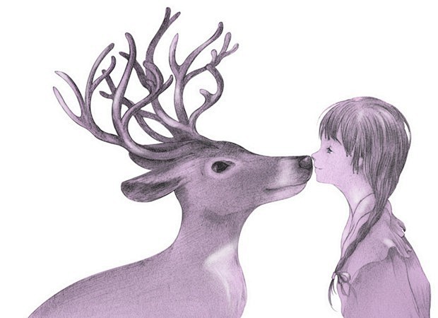 女孩与鹿的意境幻想类小清新插画