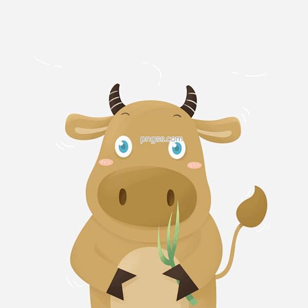 手绘可爱拿着一个草的牛卡通动态gif元素...