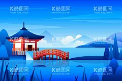 卡通亭台风景  - 源文件下载【酷图网】中式建筑,亭子,水中亭子,中式建筑插画,中式庭院,楼阁,中式楼阁,古代庭院,园林建筑插画,古代园林插画