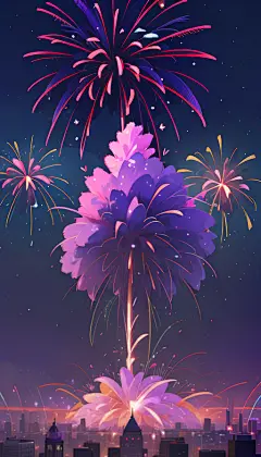 夜晚唯美紫色新年烟花插画AI数字艺术