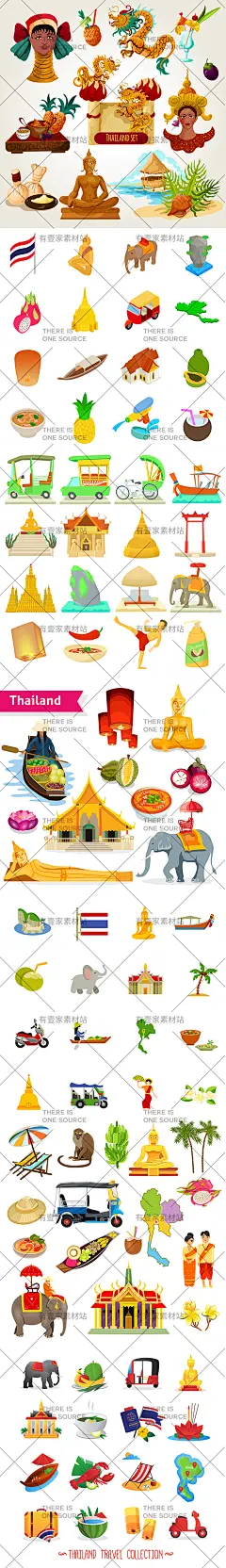 泰式泰国食物水果建筑人物交通工具旅游特色插画AI矢量设计素材-淘宝网