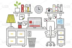 电脑放在办公桌上的矢量插图。平色线条风格。