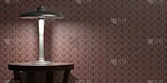 壁纸上的台灯是红色的背景。装饰艺术风格的装饰。三维演示