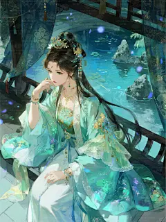 碧纱轻漾月华池，水榭灯摇荷影碎 回廊风送藕香微，云鬓斜簪流苏坠 玉指漫托青瓷盏，冰肌暗沁藕花衣 星河欲隐蝉声细，一院清凉总不知 # ﻿#唯美意境﻿ ﻿#寻找小红书绘画大神﻿ ﻿#国风才是顶级浪漫﻿ ﻿#古风美女﻿ ﻿#古风插画﻿ ﻿#青色系﻿ ﻿#绿色系﻿ ﻿#氛围感﻿ ﻿#我的插画代表作﻿ ﻿#小红书艺术发光计划﻿ - 小红书
