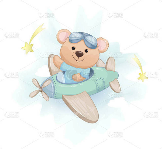 可爱的小熊在飞机上飞行。可爱的熊卡通人物...