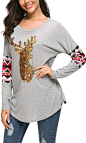 Amazon.com: 女式圣诞衬衫长袖圆领休闲闪亮驯鹿束腰上衣: Clothing