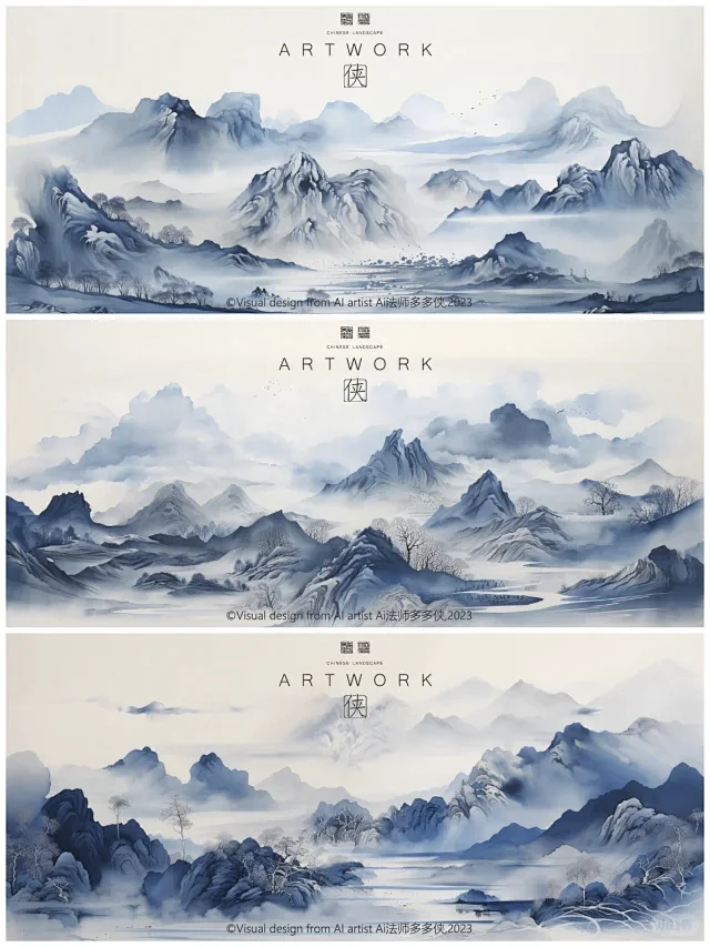 新中式国风山水风景画-国色山河·远峰蓝-花瓣网