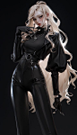 This may contain: a woman dressed in all black poses for the camera