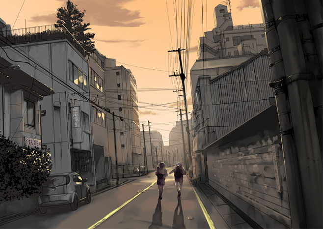 现代日式室外场景（插画）